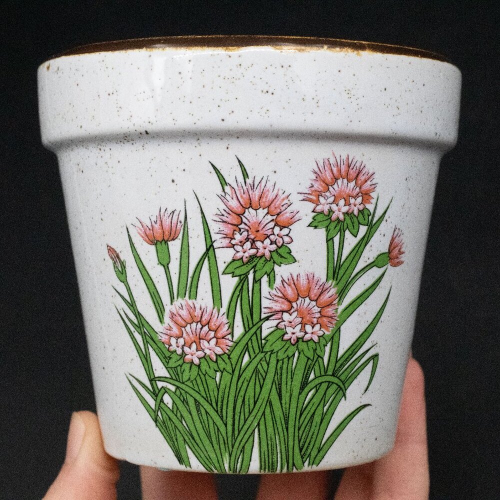 Vintage Small 4" Japanese Speckled Stoneware Pink Flowers Ceramic Planter